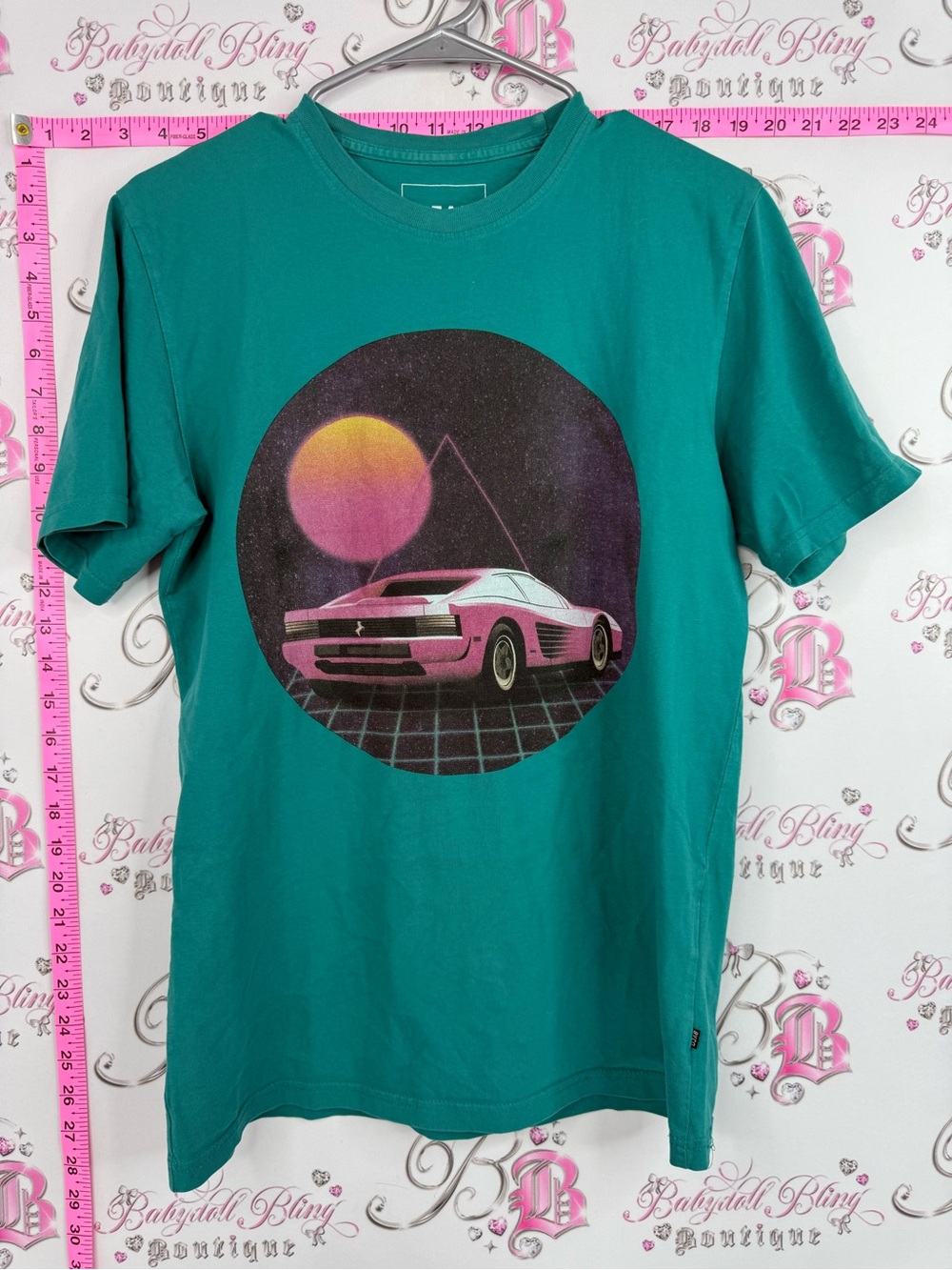 DJAB tshirt sunset car tee Retro Teal Graphic Tee with Pink Sports Car